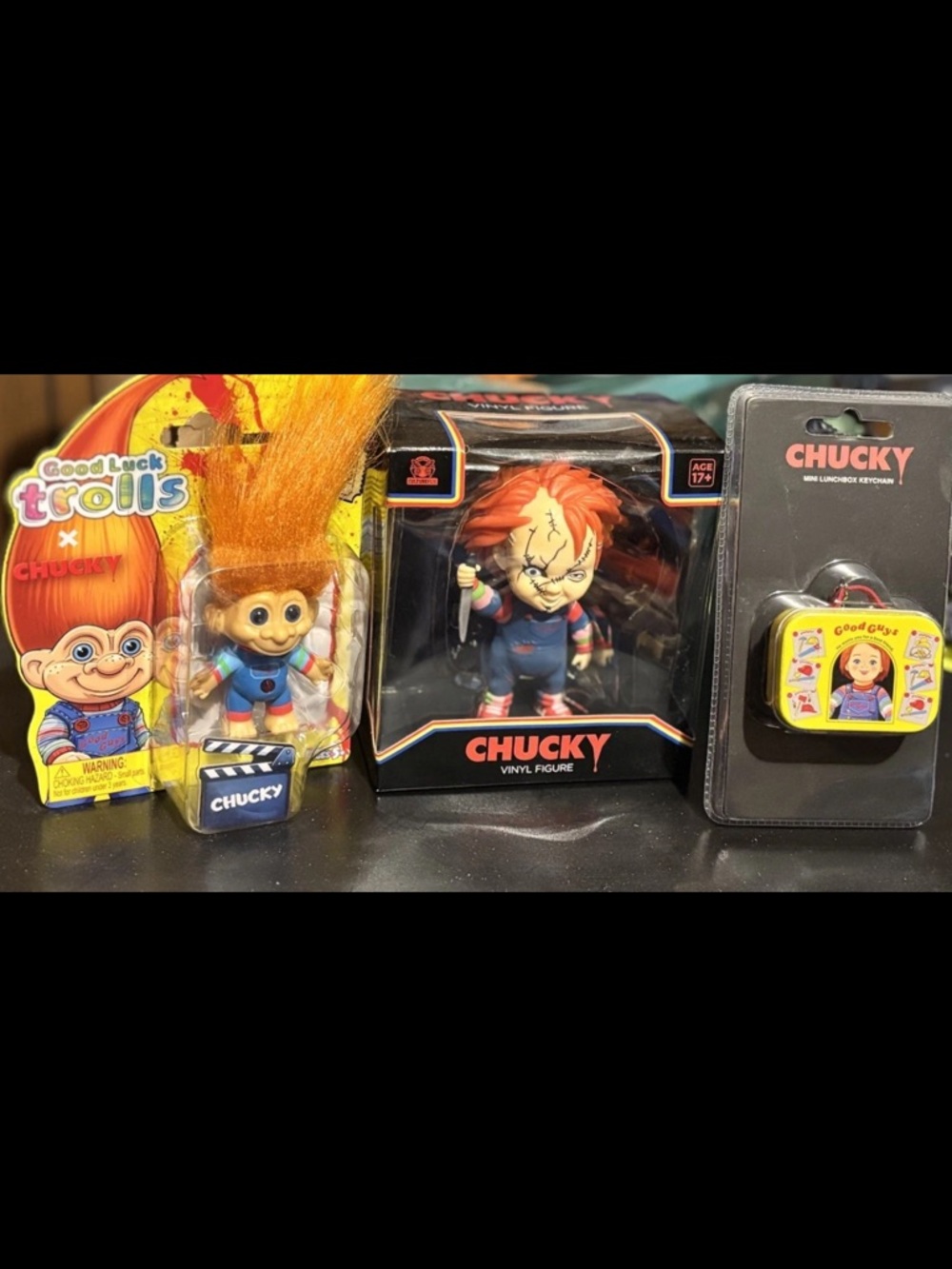 Chucky Vinyl Figure & Good Luck Troll Bundle - Red Hair, Blue Outfit